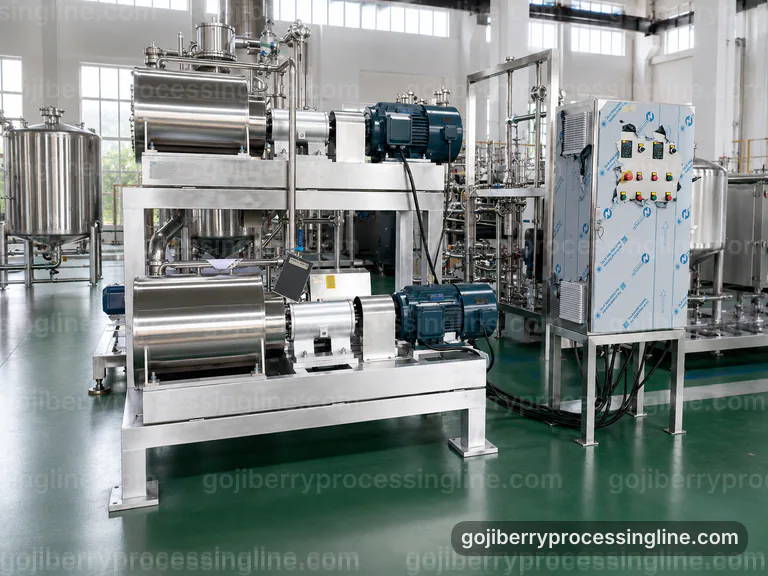 industrial goji berry processing line, process scope and configuration: gentle pulping with fine seed removal section connection view