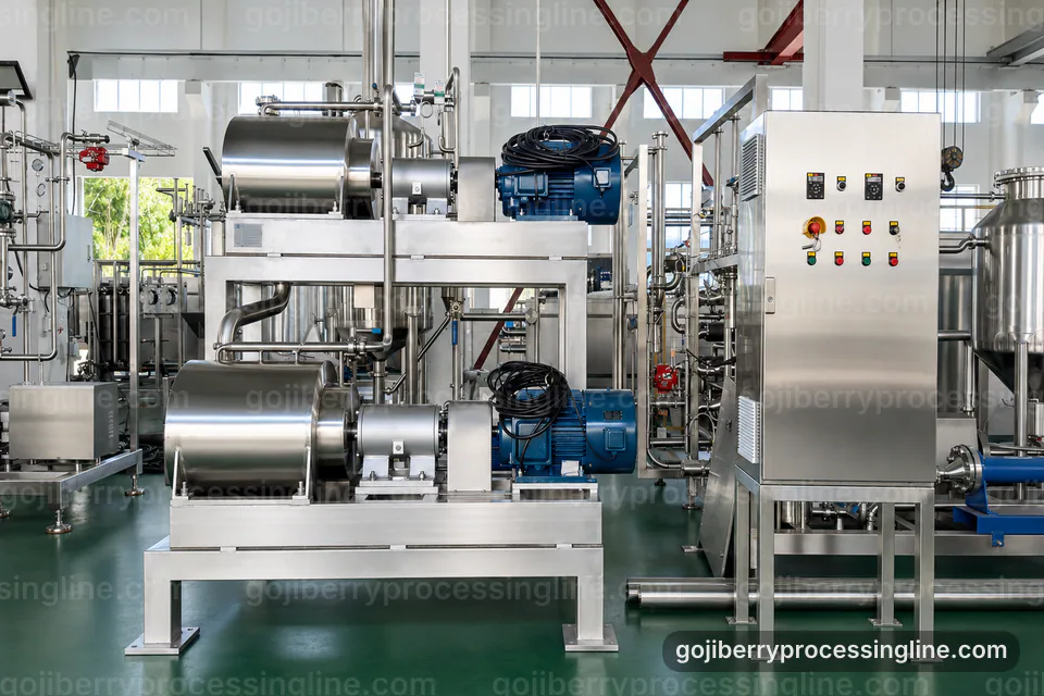 industrial goji berry processing line, process scope and configuration: fine screen goji pulper operating stage