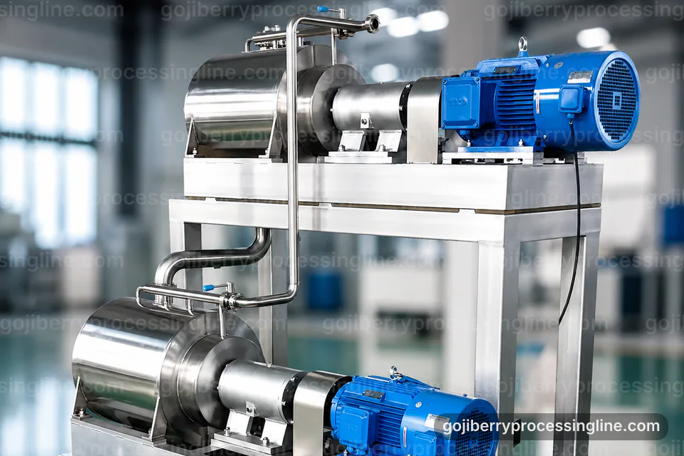 industrial goji berry processing line, hygienic design: fine screen goji pulper operating stage