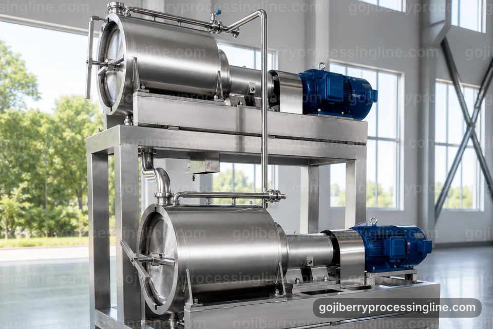 Industrial Goji Berry Processing Line: Applied Process Engineering Operating Stage industrial goji berry processing line, applied process engineering: fine screen goji pulper operating stage
