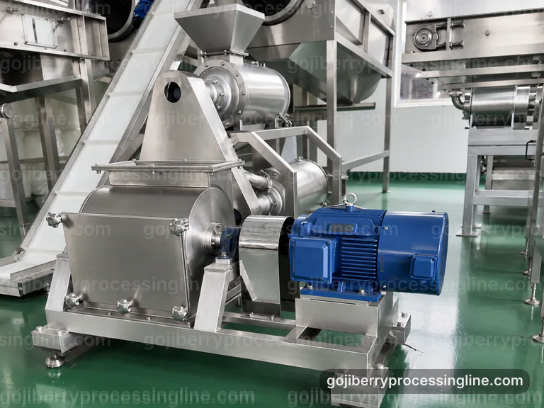 Industrial Goji Berry Processing Line: Feed And Output Handling Interface industrial goji berry processing line, feed and output handling: gentle pulping with fine seed removal section connection view
