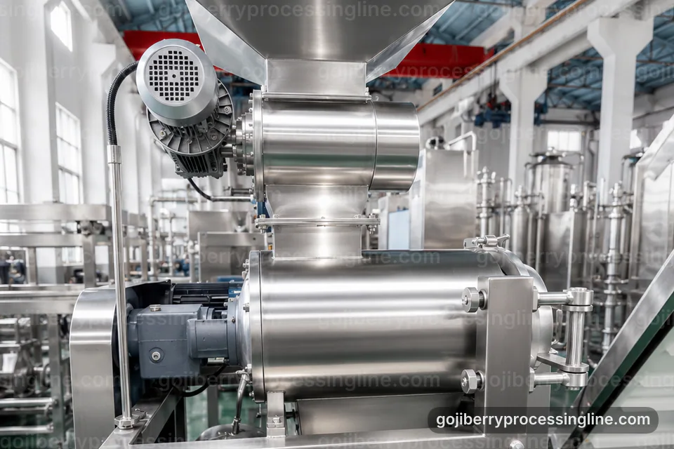 Industrial Goji Berry Processing Line: Feed And Output Handling Operating Stage industrial goji berry processing line, feed and output handling: fine screen goji pulper operating stage